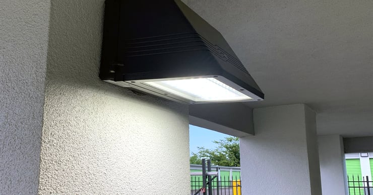 LED lamp in a storage facility, pointing downward to avoid light pollution